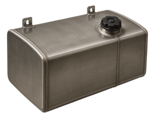 Rectangular metal fuel tank featuring visible weld seams and surface mount brackets.