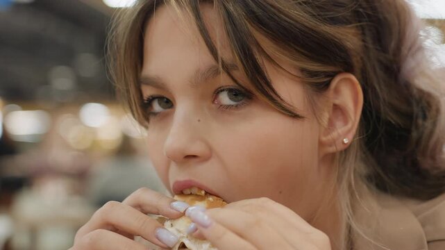 young person savors fast food, youthful individual devours sizable burger amidst lively mall environment, teenager energetically eats juicy burger in bustling food court with sauce visible