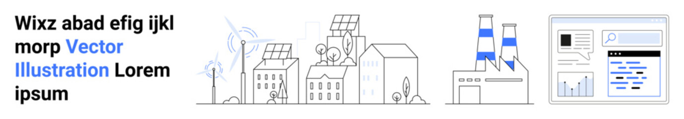 Naklejka premium Renewable energy, sustainability, green technology, industrial efficiency, environmental monitoring, energy data visualization. Wind turbines, solar panels factories data charts. Renewable energy