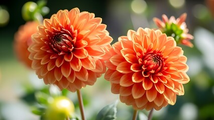 Two vibrant orange dahlias bloom in soft focus.