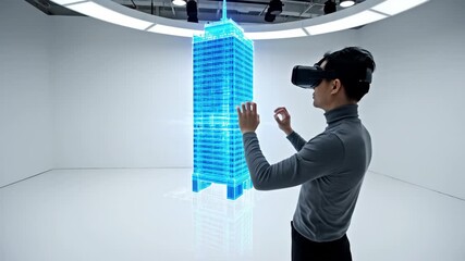 A person uses virtual reality to interact with a dazzling blue skyscraper model. The immersive experience showcases futuristic design and innovative technology.