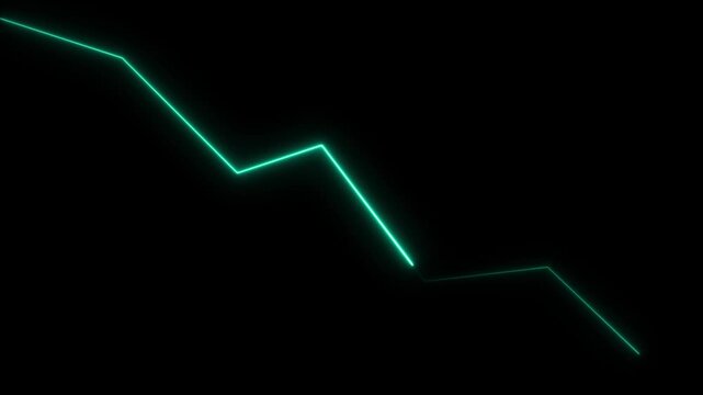 Neon green line graph trending downwards on black chartNeon green line graph trending downwards on black chart. neon downward graph with arrow indicating decline, loss, and negative trends .