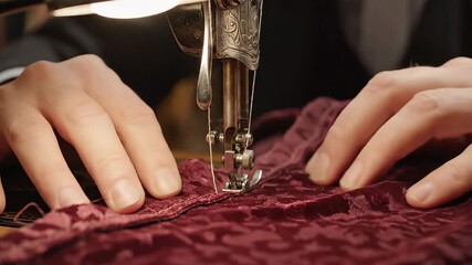 A skilled artisans hands meticulously guide luxurious red velvet fabric through the intricate mechanism of a classic vintage sewing machine demonstrating traditional craftsmanship and the art of text.