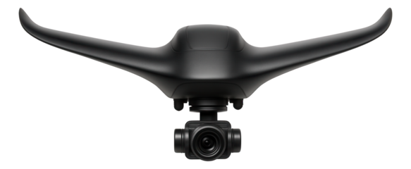 Drone featuring a sleek curved wing design and bottom-mounted camera.
