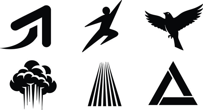 Minimalist silhouette icon set six black glyph symbols upward arrow running figure flying bird mushroom cloud converging lines impossible triangle arranged in high contrast vector collection