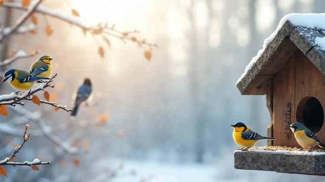 Colorful winter birds perching on snowy branches and feeding at wooden birdhouse in serene, snow-covered forest during sunrise
