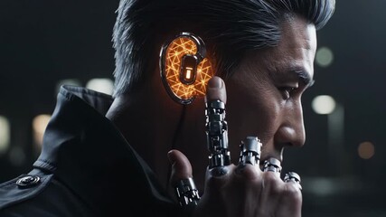 A person interacts with advanced audio technology, showcasing cutting-edge design in a vibrant city. The atmosphere is charged with mystery and creativity, highlighting a unique connection.