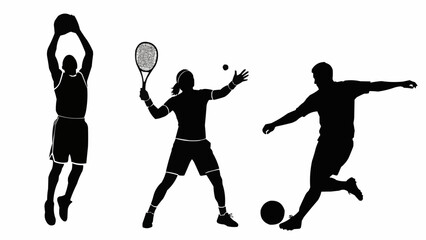 Dynamic sports silhouettes of athletes playing basketball, tennis, and soccer