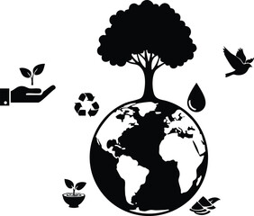 Flat design black silhouette globe with tree growing on top and hand holding seedling surrounded by recycling symbol bird and water droplet eco emblem minimal vector