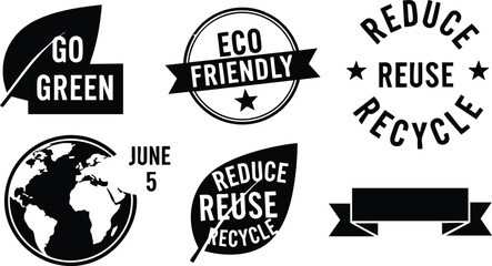 Fototapeta premium Flat design eco badges set showing globe leaf reduce reuse recycle stamps and go green symbols plus world environment day june five ribbon banner icons silhouette