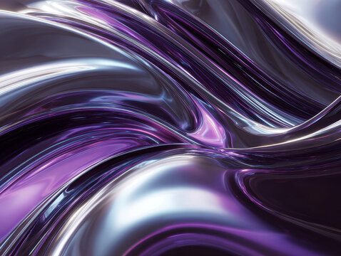 Abstract liquid metal artwork, flowing silver and violet ribbons, organic chrome curves, ultra-smooth reflective textures, cinematic lighting, hyper-realistic 3D, octane render, luxury - AI-Generated