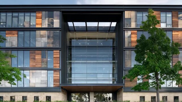 Sustainable building facade emphasizing natural light utilization and superior insulation to enhance resource savings and comfort.