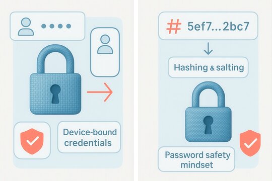 Exploring password security through device bound credentials featuring hashing and salting techniques for enhanced digital protection strategies
