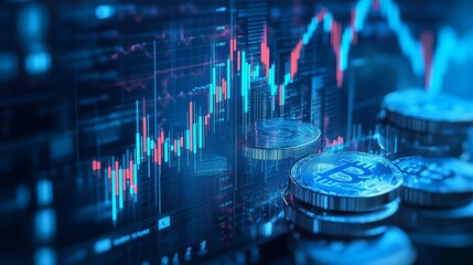 Cryptocurrency trade analysis with Bitcoin coins and stock chart, use for investment strategy and digital currency markets in a modern finance world