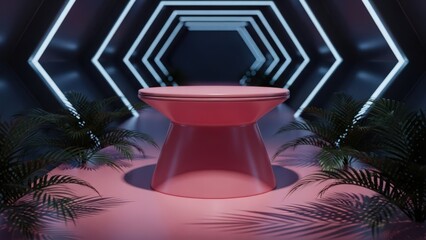 Futuristic pink podium with neon lights and palm trees