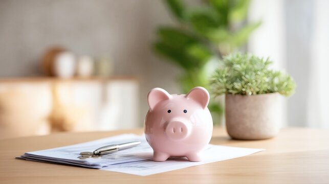 Piggy bank placed on financial papers with a pen on a wooden desk, symbolizing savings, budgeting, personal finance control, expense tracking and everyday money management.