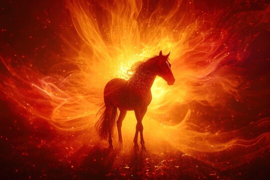 A horse is standing in front of a fire, with its head turned to the side