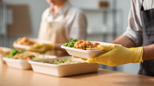 Volunteers wearing gloves serving prepared meals in food containers at a community kitchen. Concept of food donation, charity, social support and volunteer work.