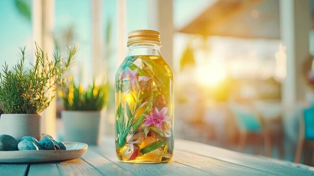 Clear glass container filled with floral elements and greenery illuminated by warm sunlight, set on wooden surface with potted plants.