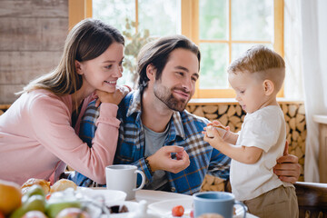 Love and childcare concept. Baby adoption and parenthood. Caucasian parents feeding little small kid child infant new born baby at home kitchen. Family moments together.