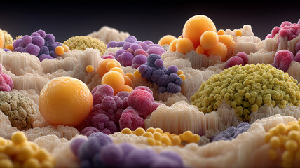 A landscape of varied organic formations representing cellular ecosystems and the conceptual dynamics of biological complexity.
