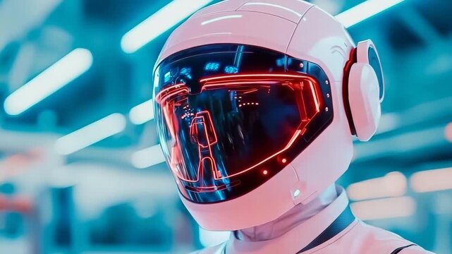 Sci-fi astronaut head covering featuring luminous red and blue circuit elements within reflective visor, embodying advanced cybernetic innovation.
