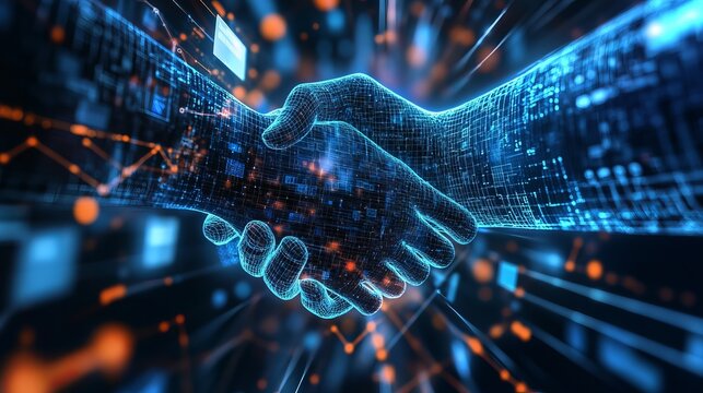 Cutting-edge handshake symbolizes successful partnership in a dynamic digital world, showcasing modern business collaboration and technological innovation