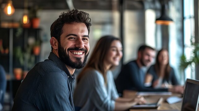 Cheerful businessman leading a team meeting in a vibrant office, radiating optimism and driving business success with innovative strategies