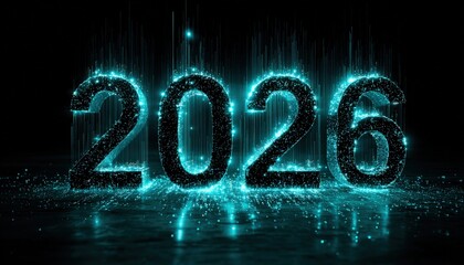 Digital representation of the year two thousand twenty six glows with bright cyan particles against a dark background