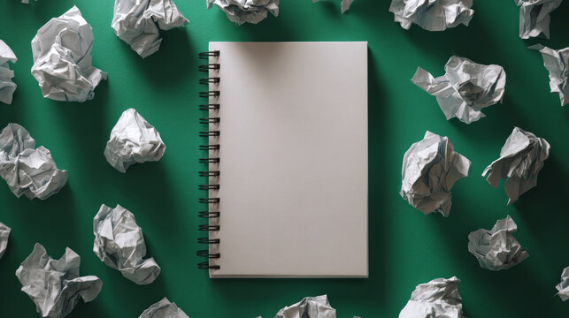 A blank spiral notebook lies on a vibrant green surface, surrounded by crumpled paper, symbolizing the creative process and brainstorming. - Powered by Adobe