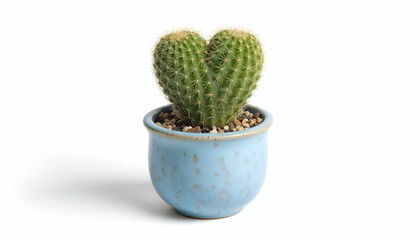 Heart-shaped cactus in a blue pot showcasing uniqueness and love on a clean white background

