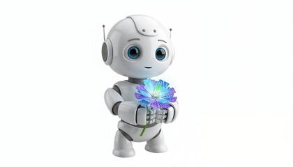 Cute robot character holding a holographic flower, symbolizing friendship and kindness on a clean white background