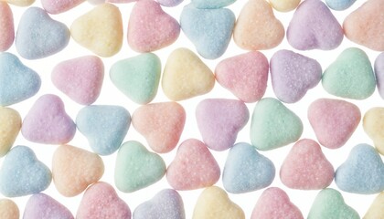 Colorful heart-shaped candies arranged in a playful pattern on a bright white background
