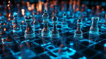 Stunning digital chess pieces glow with vibrant blue light on a futuristic circuit board representing strategy and technology