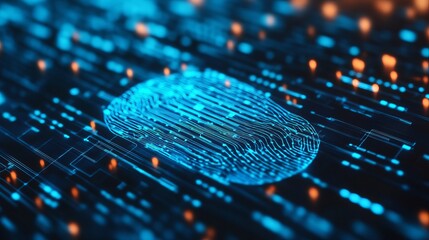 Stunning digital fingerprint scan on a futuristic circuit board represents secure access and advanced cybersecurity protection