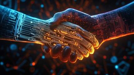 Stunning digital handshake between two glowing circuit board hands symbolizing future technology partnership and agreement