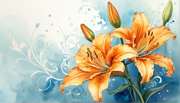 Elegant Watercolor Orange Lilies with Gold Splashes, Mucha Style