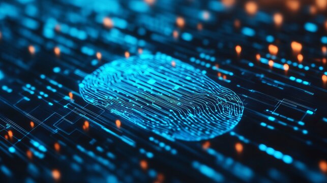 Stunning digital fingerprint scan on a futuristic circuit board represents secure access and advanced cybersecurity protection - Powered by Adobe