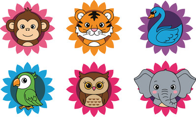 Cute cartoon animal faces set with monkey tiger swan parrot owl and elephant icons for kids education design