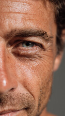Fototapeta premium Mature male face closeup showing detailed skin texture and eye area. Realistic pores and fine lines for skincare, aging, and dermatology concepts.