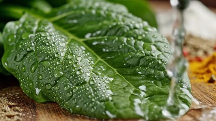 Crystal clear water droplets gently cascade onto the vibrant green surface of a fresh spinach leaf highlighting its natural texture and promoting a sense of cleanliness and healthy eating preparation.