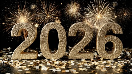 Sparkling golden numerals indicating the year twenty twenty six appear against a dark background with bright pyrotechnic bursts.
