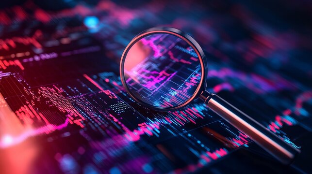 Magnifying glass intently scrutinizing vibrant digital stock market charts for deep financial data analysis and trend discovery - Powered by Adobe