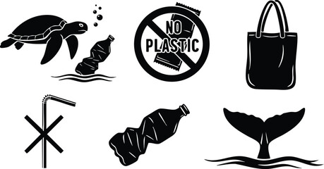Flat design icon set showing sea turtle and fish with no plastic symbol tote bag bent straw crushed bottle and whale tail vector silhouette in black