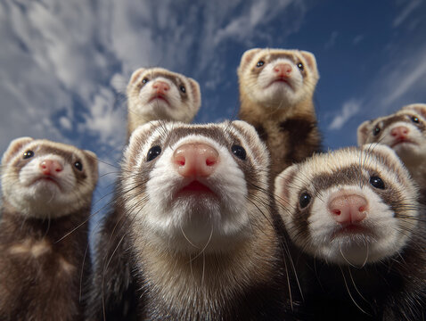 Close-up image of 10 ferrets on a phone wallpaper, staring directly at the camera from an overhead angle The ferrets are brown with chestnut fur, clustered together against a soft blue - AI-Generated