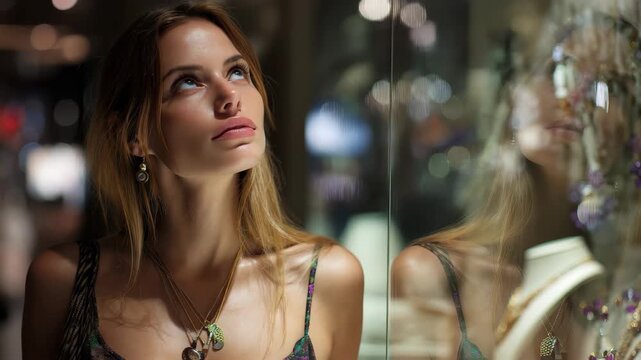 Woman admires exquisite jewelry selections in store window while shopping at a local boutique in the evening