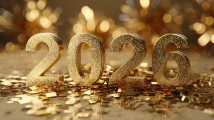 Three dimensional numerals displaying the year two thousand twenty six rest upon a reflective surface scattered with glittering confetti