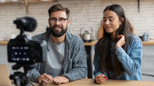 Engaging podcast conversation between man and woman in modern studio setting during a lively recording session