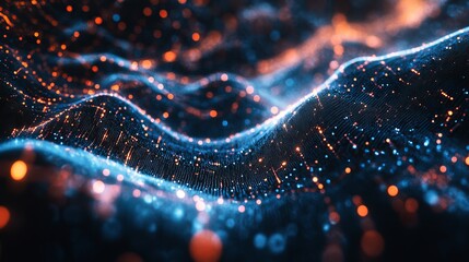 Stunning dynamic digital wave of glowing orange and blue data particles flowing across a dark abstract network background