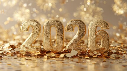 Three dimensional golden numerals indicating the year two thousand twenty-six rest on a bed of shiny confetti.
